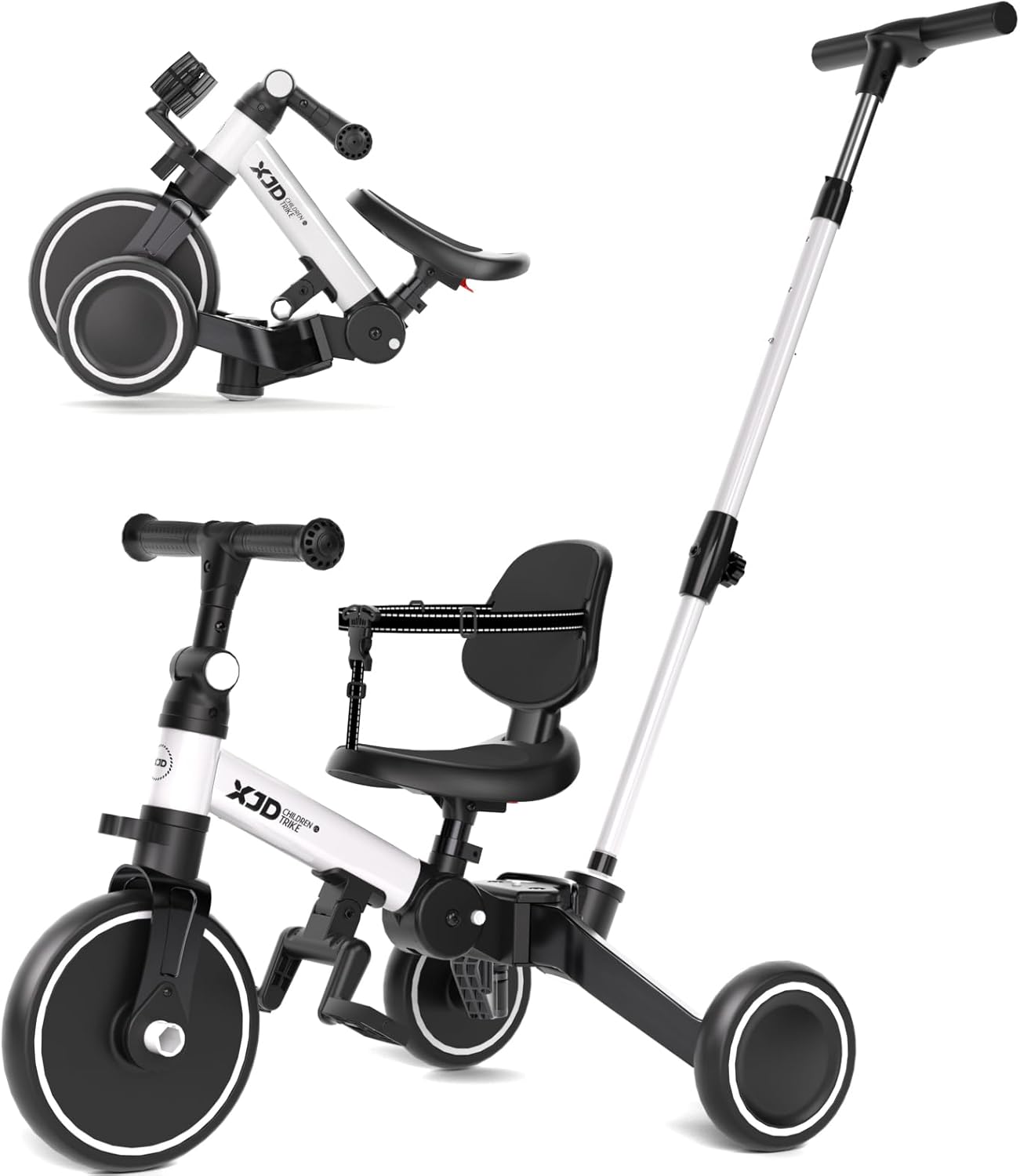 XJD Toddler Bike, 6 in 1 Folding Toddler Tricycle for 1-4 Year Old with Parental Control Handle, Balance Bike with Removable Pedal, Backrest, Adjustable Seat, First Christmas Birthday Gifts (White)