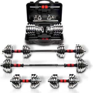 Adjustable Dumbbell Set With 3 in 1 Dumbbell Barbell Metal Connecting Rod, Chromed Weights, Hardcover Gift Box, Adjustable Weight Sets up to 44lbs/66lbs/110lbs, Home Gym Exercise Training Equipment