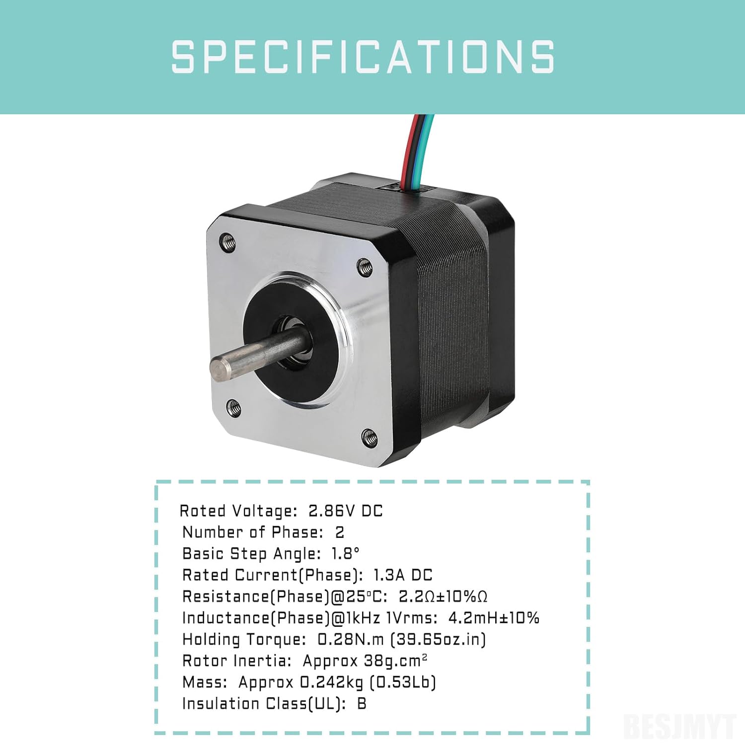 Nema 17 Stepper Motor 5PCS 0.28Nm/39.65oz.in High Torque 1.5inch(38mm) Bipolar 1.3A-2.86V 1.8 Deg 2 Phase-4 Lead for 3D Router/CNC Milling Engraving Machine - Image 6