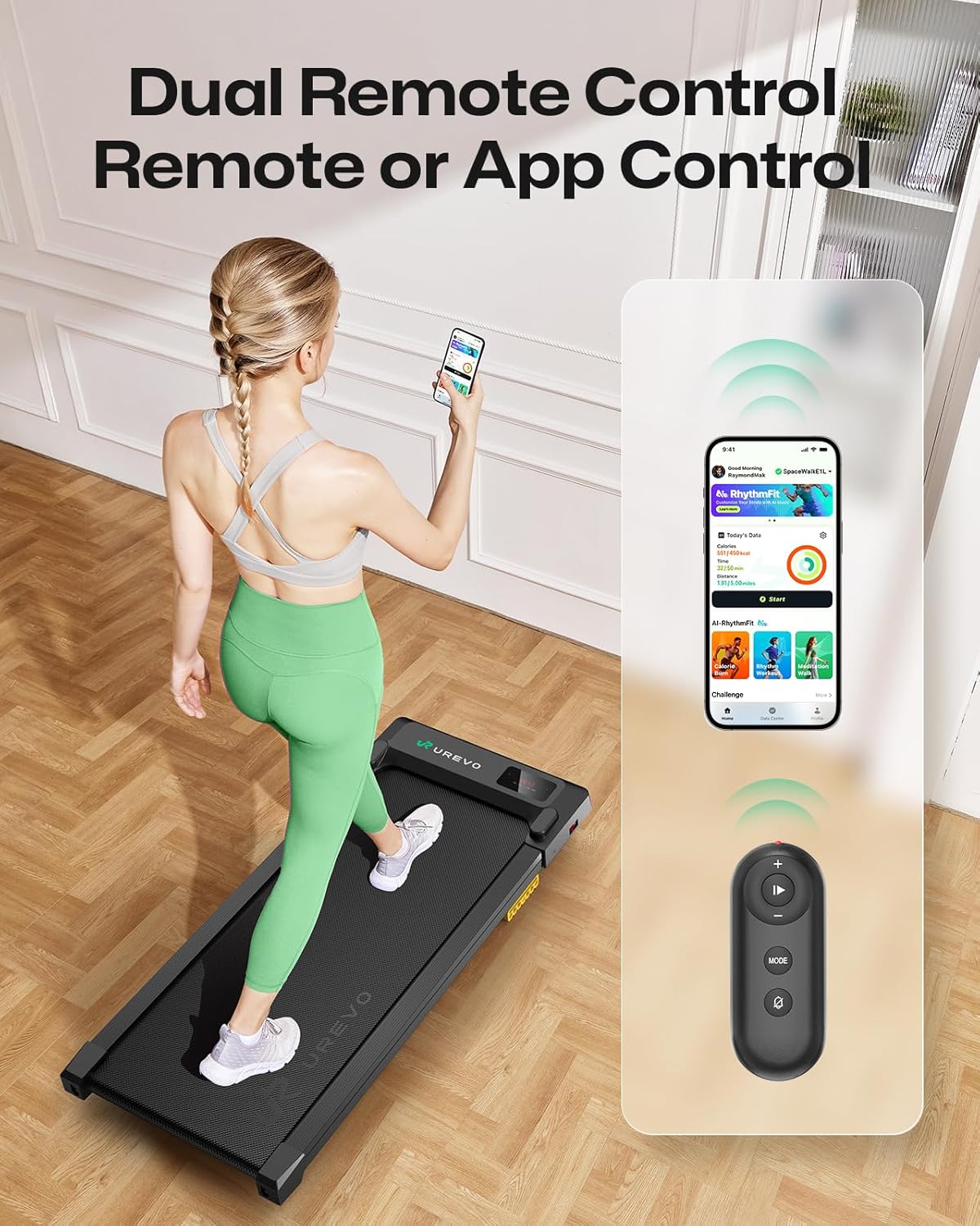 UREVO Smart Walking Pad, Compact Under Desk Treadmill with Double Shock Absorption, Quiet Operation, Workout APP with Track Insights and MIIT Mode, Plug and Play, Remote or APP Control for Home Office - Image 6