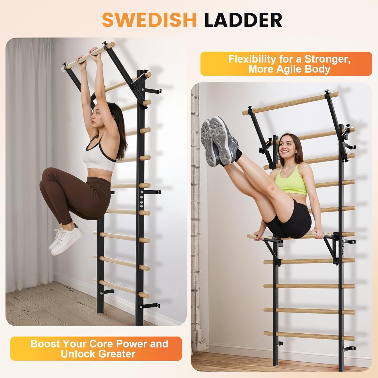 Swedish Ladder Wall Gym, Stall Bar Home Gym with Adjustable Pull-Up Bar, Dip Bar Attachments & 2pcs Resistance Band, 9 Strategic Rods for for Home, School, Hysical Therapy and Gymnastics - Image 6