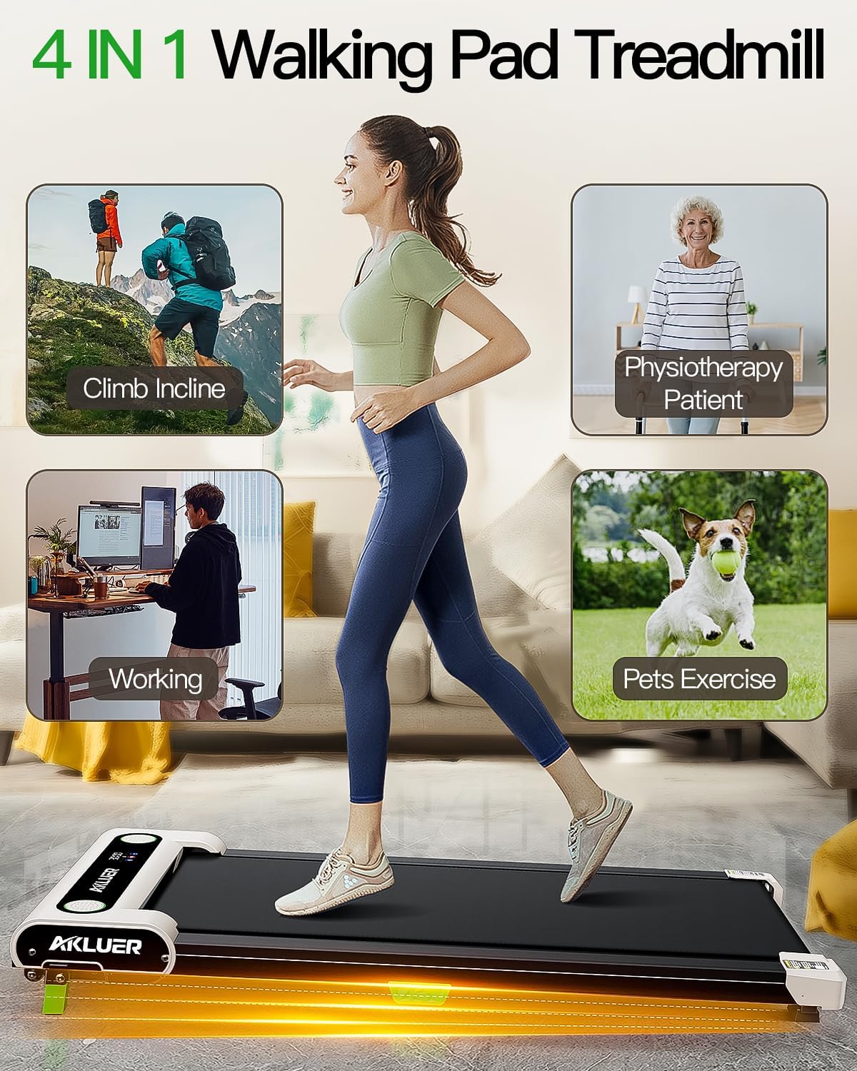 AKLUER Walking Pad with Incline, Under Desk Treadmill for Home, 2.5HP Portable Treadmills with Remote Control, 4 in 1 Incline Treadmill with LED Display - Image 8