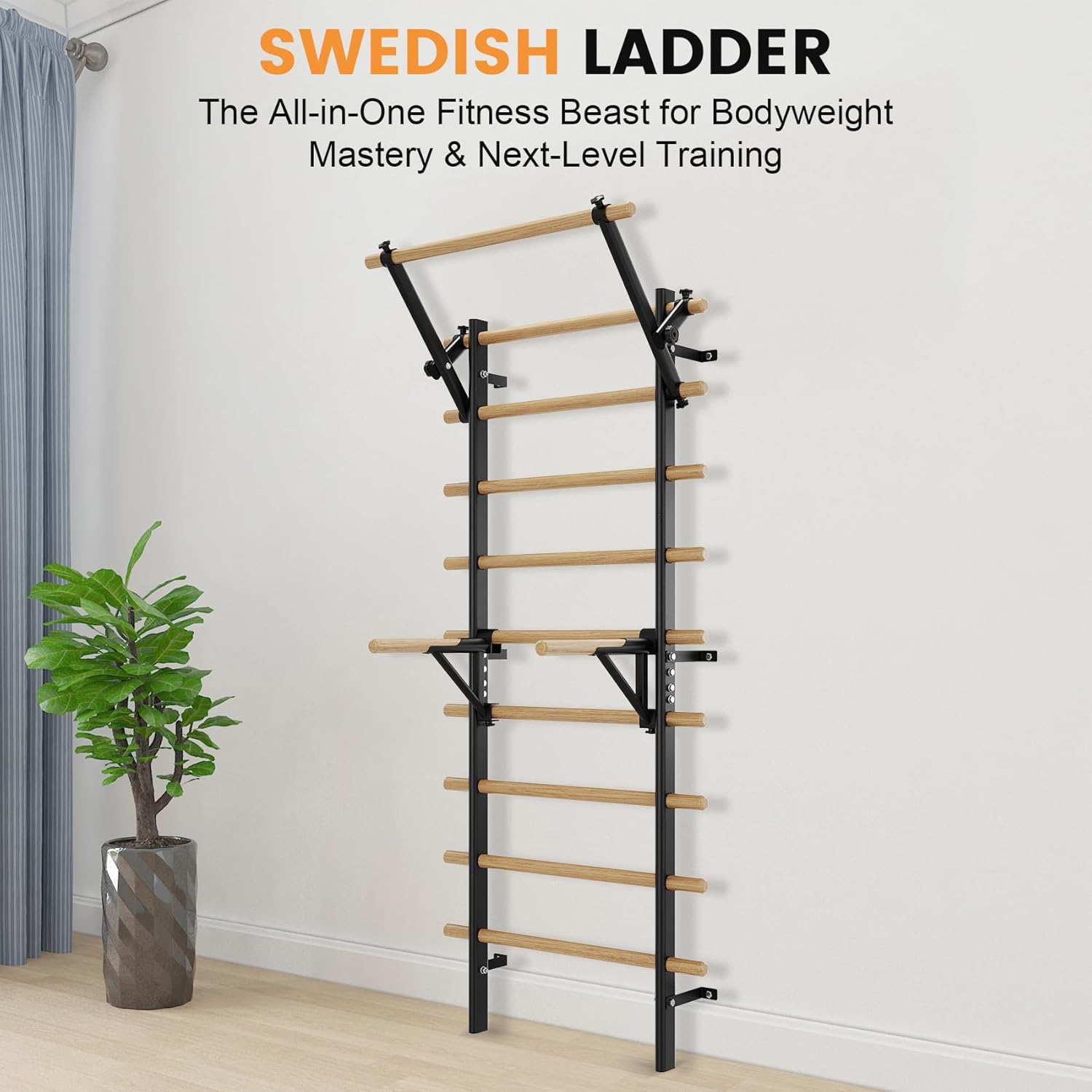 Swedish Ladder Wall Gym, Stall Bar Home Gym with Adjustable Pull-Up Bar, Dip Bar Attachments & 2pcs Resistance Band, 9 Strategic Rods for for Home, School, Hysical Therapy and Gymnastics - Image 5