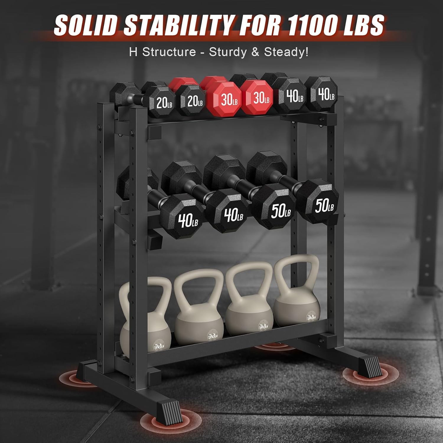 3-Tier Dumbbell Rack, 1100LB Capacity Adjustable Weight Rack for Home Gym, Heavy-Duty Weight Stand for Dumbbells Kettlebells & Weight Plates(Rack Only) - Image 2