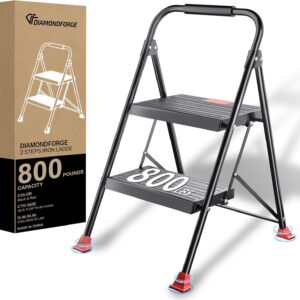 Foldable Step Ladder Stool – 2-Stepping Extension Tall Heavy Duty with Handrails, 800Lbs Capacity for Home Adults Kitchen, Closet Indoor House Extendable Stepstool Stair Ladders