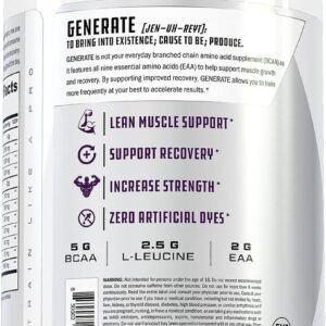 Generate EAA and BCAA Powder: Best Post Workout Recovery Drink and Branched Chain Amino Acids Supplement with Essential Amino Acids, 5g BCAAs, 2g EAAs | BlackBerry Lemonade, 30 Servings