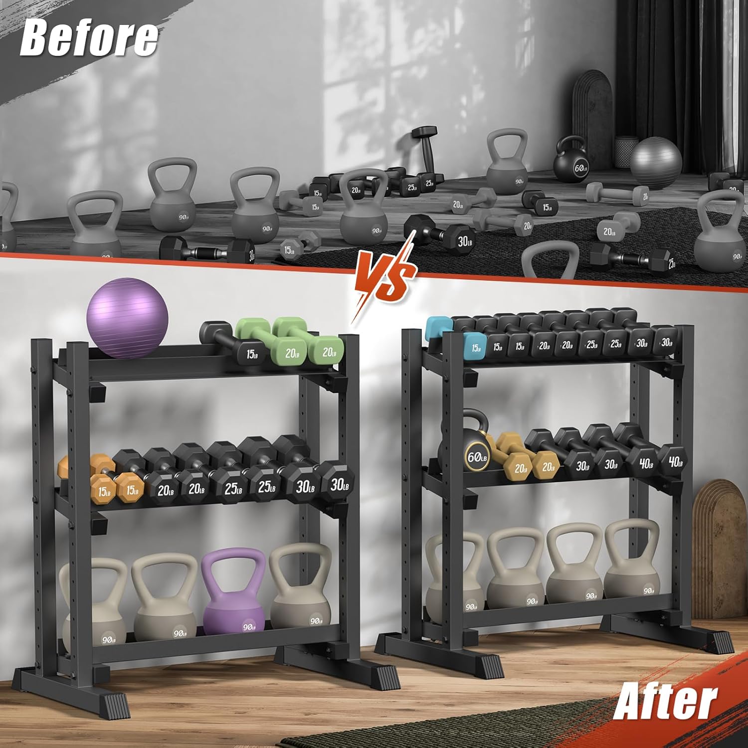 3-Tier Dumbbell Rack, 1100LB Capacity Adjustable Weight Rack for Home Gym, Heavy-Duty Weight Stand for Dumbbells Kettlebells & Weight Plates(Rack Only) - Image 7