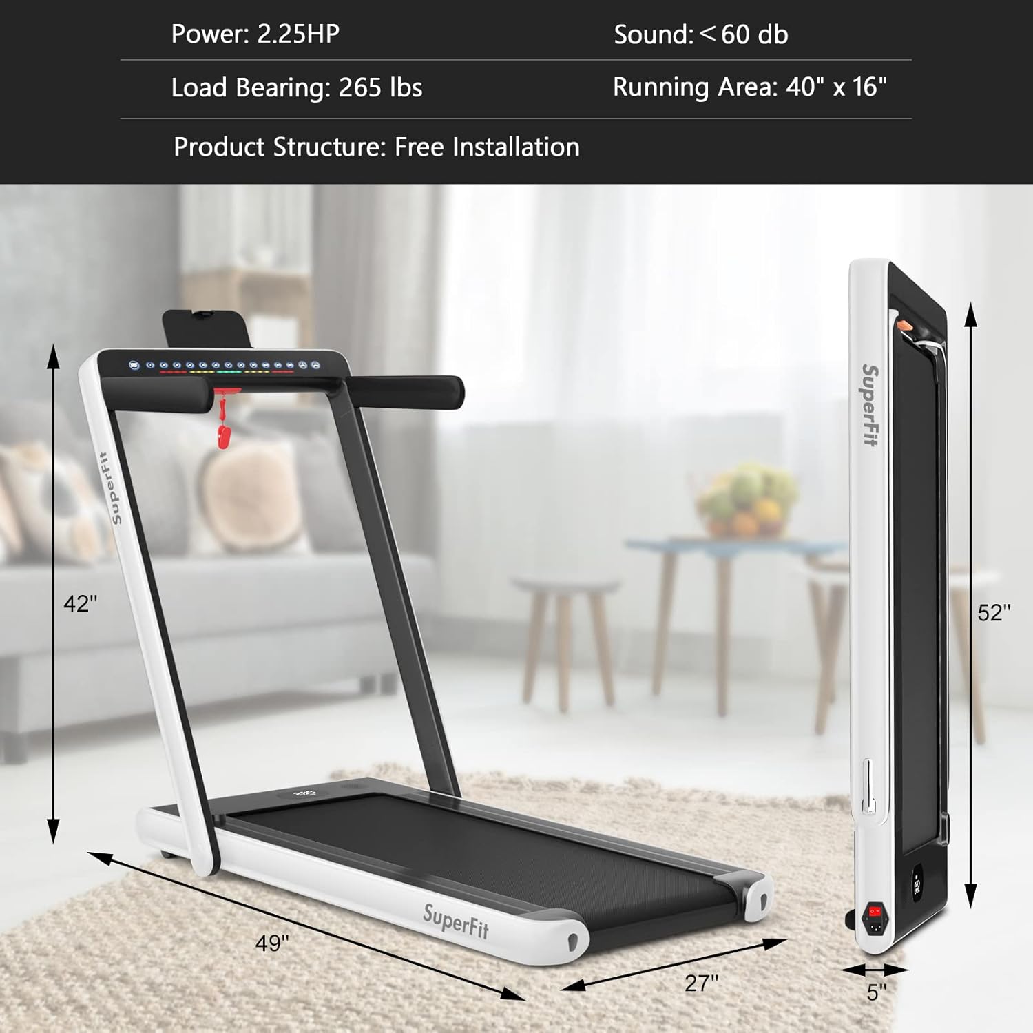Goplus 2 in 1 Folding Treadmill with Dual Display, 2.25HP Superfit Under Desk Electric Pad Treadmill, Installation-Free, Blue Tooth Speaker, APP Control, Remote Control, Walking Jogging for Home - Image 9