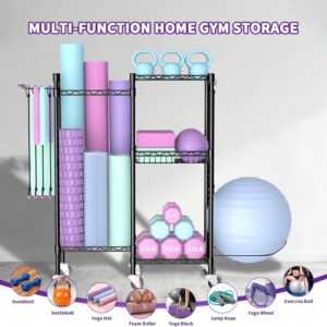 Dumbbell Rack, Home Gym Storage with Locking Wheels & 4 Hooks, 4 Tier Adjustable Workout Equipment Storage for Yoga Mat, Foam Roller, Dumbbell, Kettlebell, Fitness Ball and Resistance Band