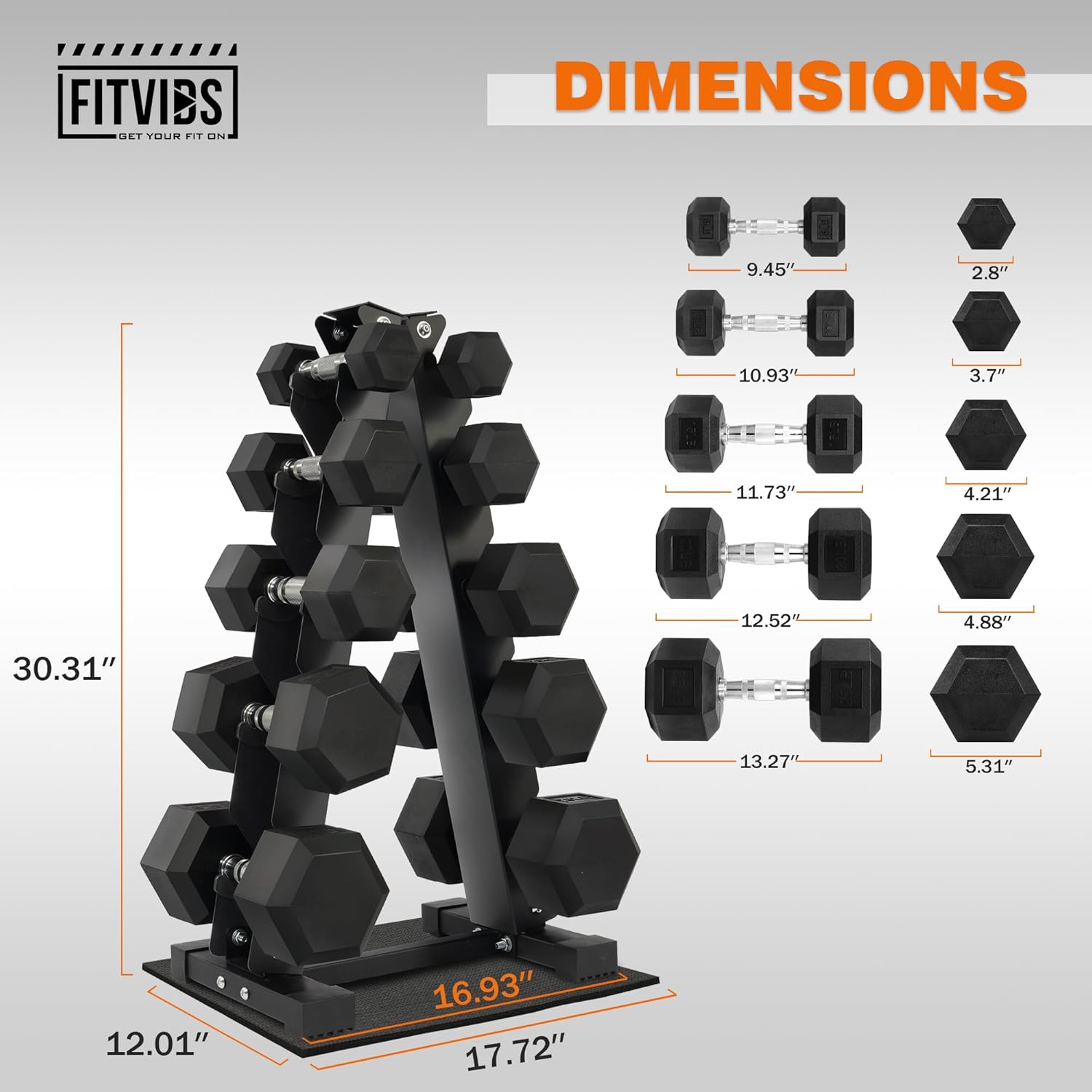 Fitvids Rubber Coated Hex Dumbbell Weight Set and Storage Rack, 100LBS, 150LBS or 200LBS Set, 5-20 lbs, 5-25 lbs, 10-30 lbs Pairs - Image 3