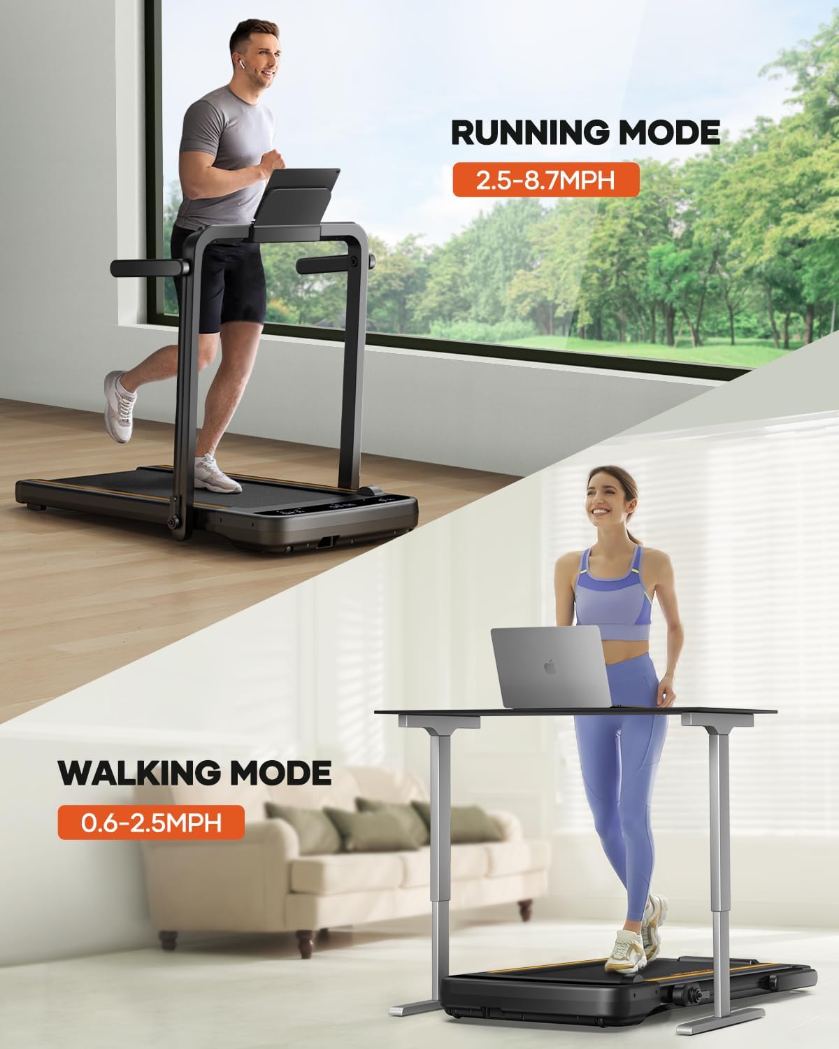 3.0HP Foldable Compact Treadmill,2 in 1 Walking Pad & Jogging Machine for Home/Office,Dual LED Touch Screens Folding Under Desk Motorized Treadmills 265lbs, App& Remote Control,Assembly-Free - Image 2