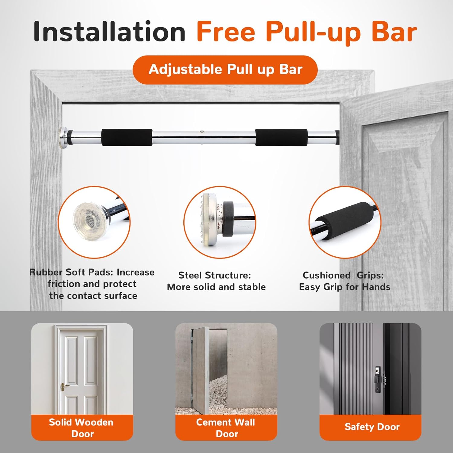 Pull Up Bar for Doorway 23.6in Adjustable Door Mounted Heavy Duty Steel Body Workout Chin Up for Home Exercise Fitness(Black) - Image 3