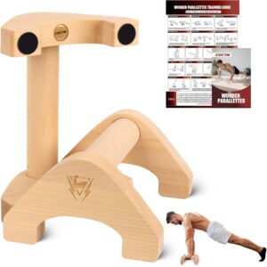 Wooden Push Up Bars, 2 PCS Solid Beech Wooden Parallettes with Embedded Non-slip Feet & Training Poster for Floor, Push Up Stands for Men Strength Training, Planks, Calisthenics & Home Gym Workout
