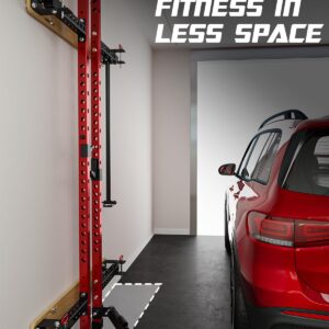 2″ x 2″ Folding Wall Mounted Squat Rack, 1100 Pounds Capacity Power Rack with Pull Up Bar, J Hooks and Other Attachments, Space-Saving Home Gym Package
