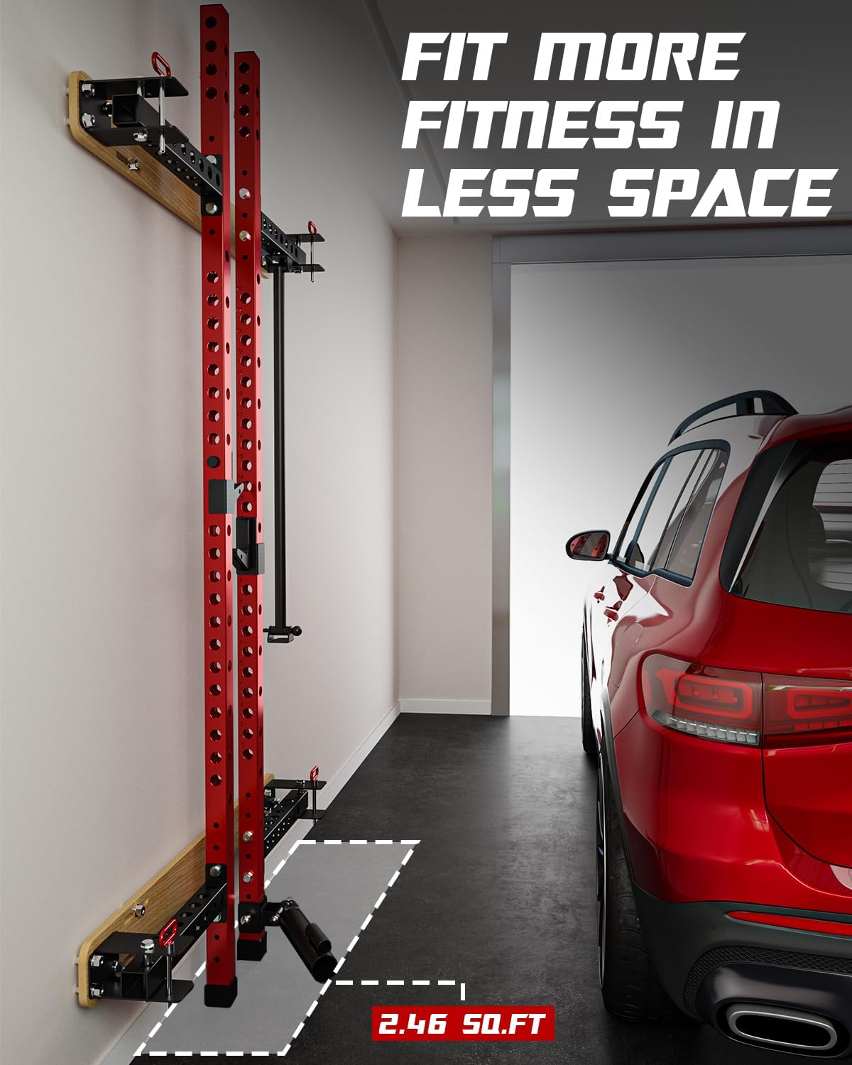 2" x 2" Folding Wall Mounted Squat Rack, 1100 Pounds Capacity Power Rack with Pull Up Bar, J Hooks and Other Attachments, Space-Saving Home Gym Package - Image 2