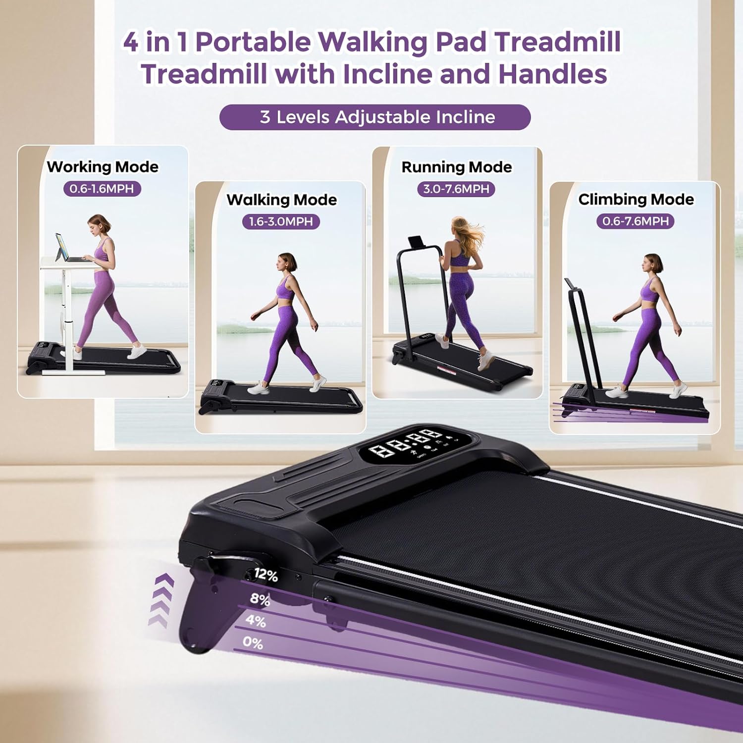 Portable Foldable Walking Pad with Handle Bar and Adjustable Incline, Under Desk Walking Pads Treadmill with Incline and Handles, 3.5HP Folding Electric Treadmills for Home Small, 0.6-7.6MPH, 350LBS - Image 2