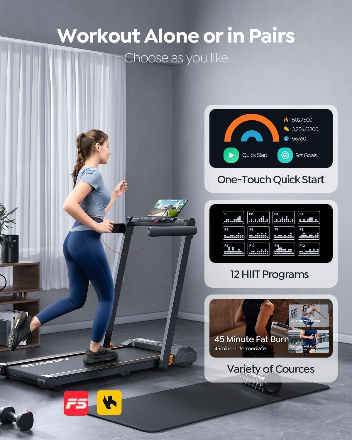 2 in 1 Folding Treadmills for Home Small Office, 2.5HP Walking Pad Treadmill with Handle Bar, 300lbs Capacity, Copmact Protable Treadmill with Smart APPs, 12 HIIT Modes and Touch Screen - Image 3