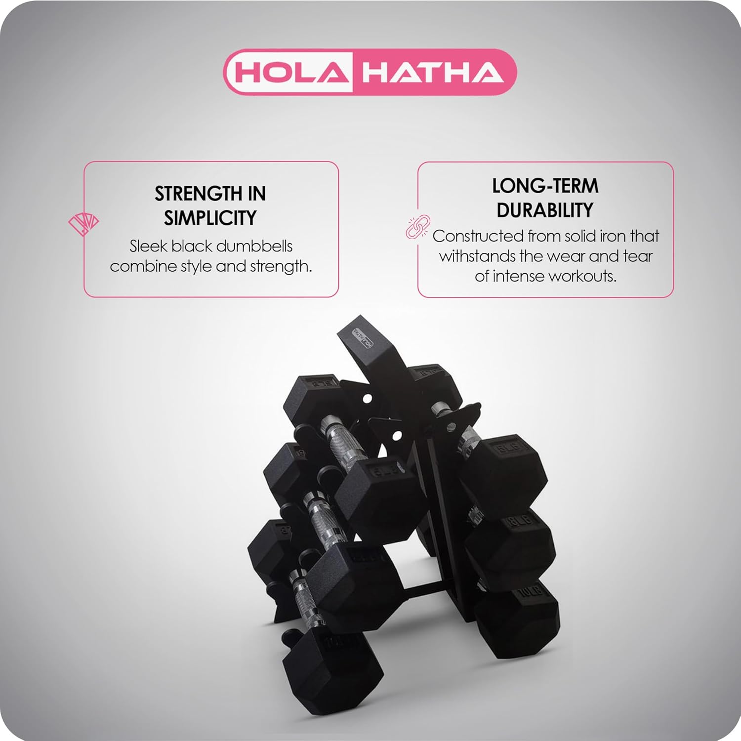HolaHatha Hexagonal Non Slip Free Hand Dumbbell Weight Training Exercise Set w/ Textured Grips & Folding Storage Rack, 5, 8, & 10 Pound Pairs, Black - Image 3