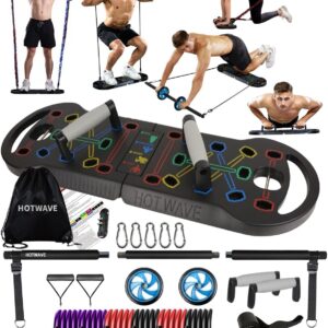 HOTWAVE Portable Exercise Equipment with 16 Gym Accessories,20 in 1 Push Up Board Fitness,Resistance Bands with Ab Roller Wheel,at Home Workout for Men