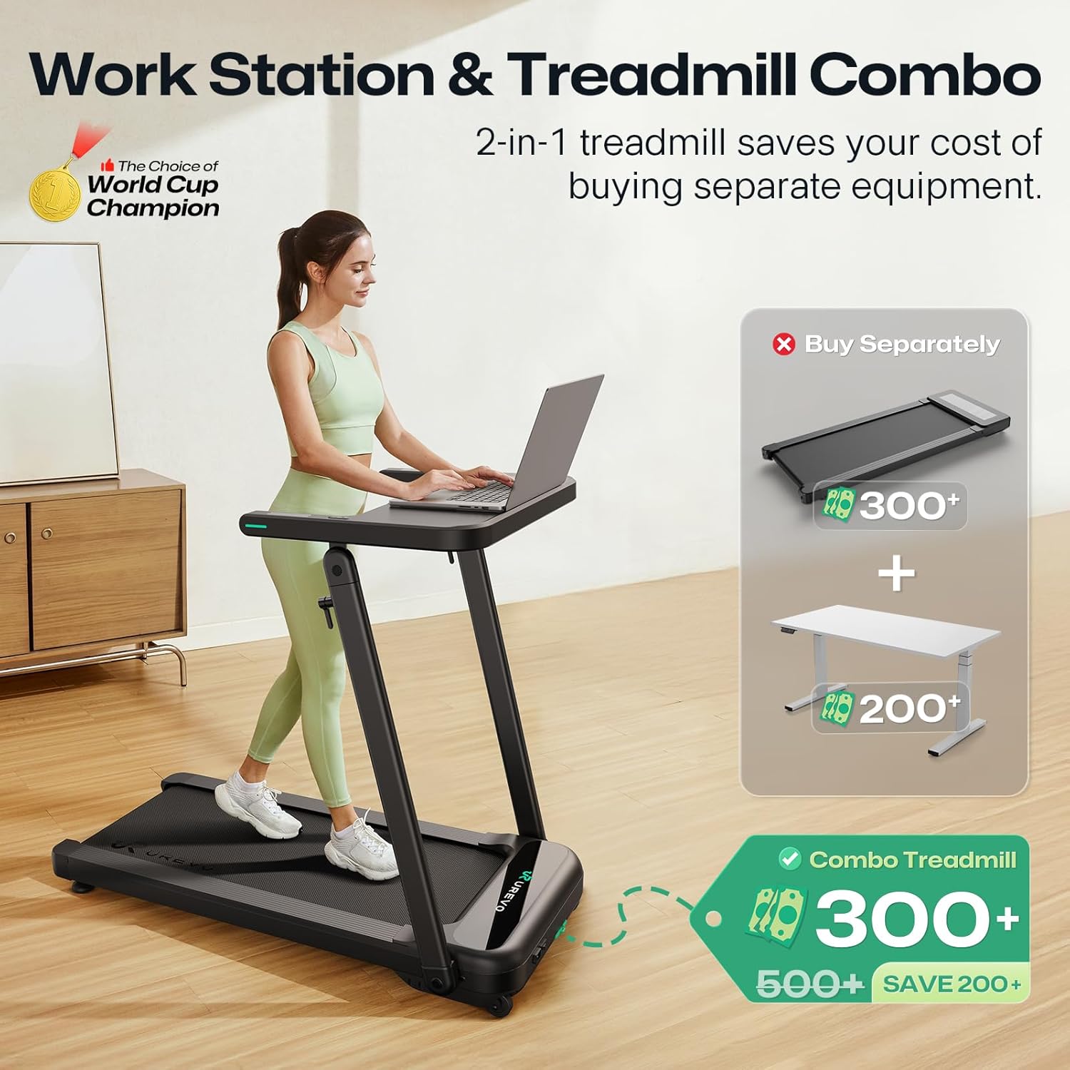 UREVO Treadmill with Standing Desk Workstation, Walking Pad Treadmills for Home Office, Under Desk Compact Design Treadmill with HIIT Programs, Remote Control, LED Display - Image 2