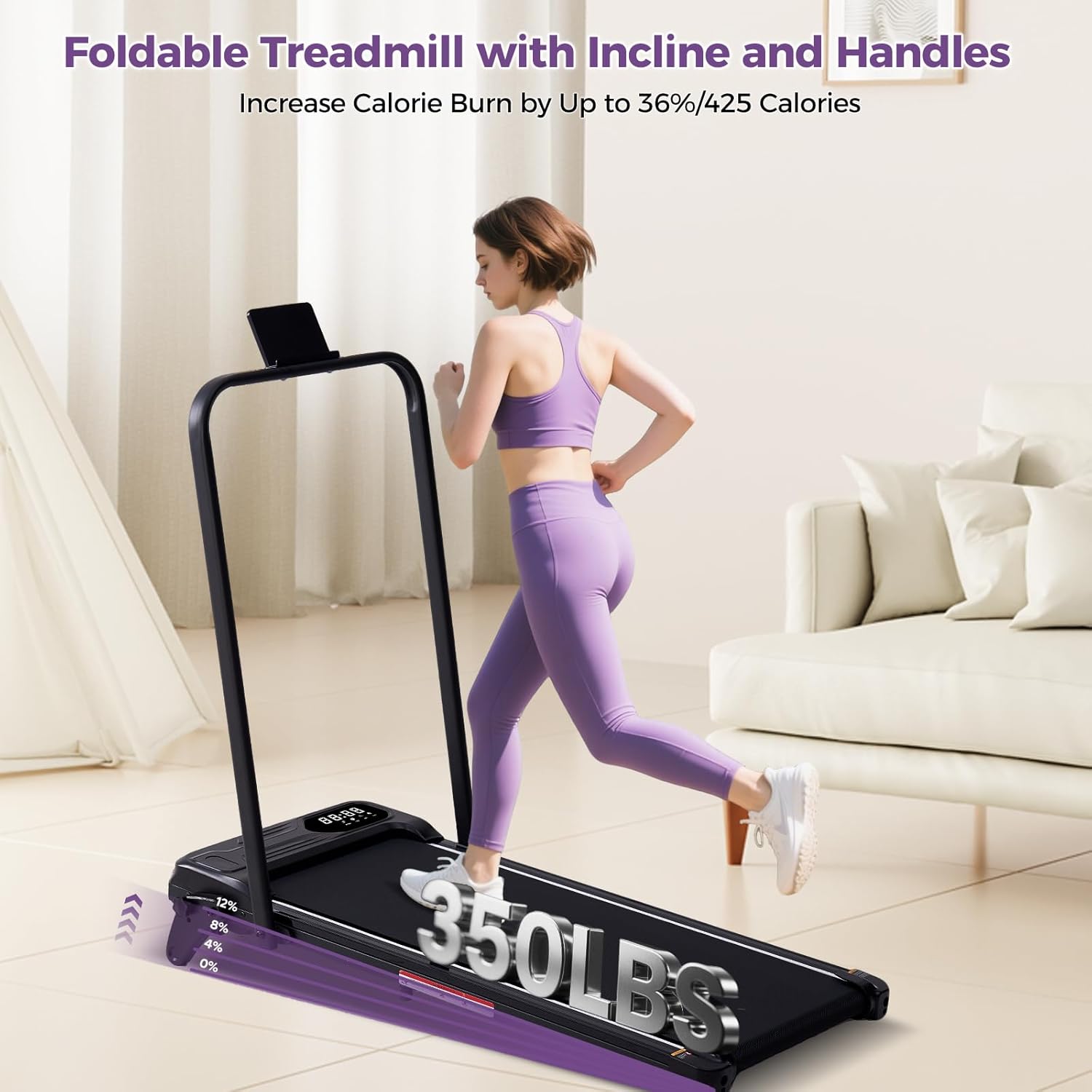 Portable Foldable Walking Pad with Handle Bar and Adjustable Incline, Under Desk Walking Pads Treadmill with Incline and Handles, 3.5HP Folding Electric Treadmills for Home Small, 0.6-7.6MPH, 350LBS - Image 3