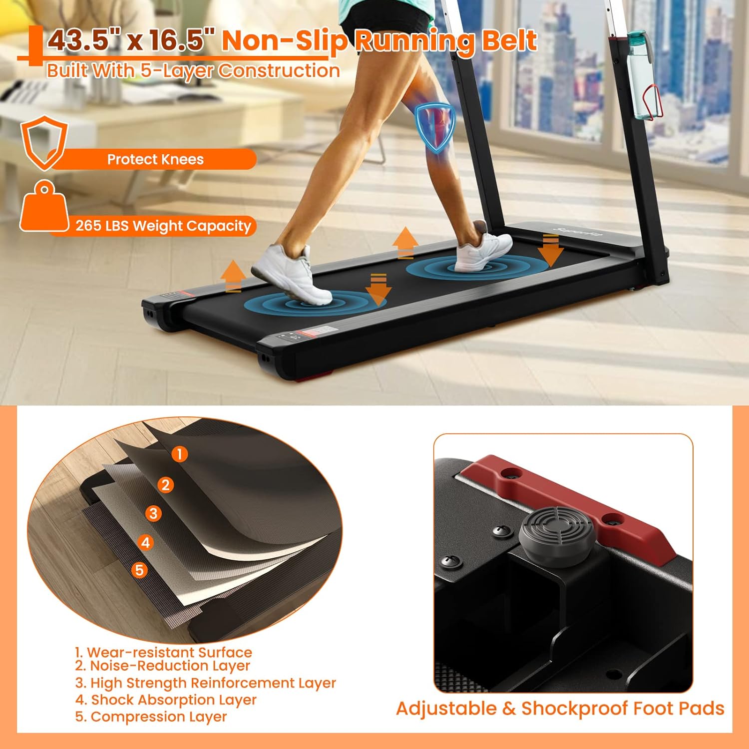 GYMAX Foldable Desk Treadmill with Height Adjustable Desktop, Portable Running Walking Jogging Machine for Workout, Compact for Small Space Office Home Gym - Image 5
