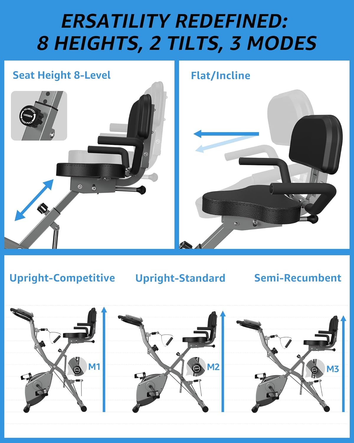 Indoor Exercise Bike for Seniors, 5 IN 1 Foldable Stationary Bike with Tri-Position Ride, 300LBS Capacity and 5.5 LBS Flywheel, Designed for Home Gym - Image 3