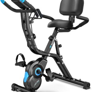 Foldable Exercise Bike, Multifunctional Indoor Stationary Bikes for Home with 8-Level Magnetic Resistance, Quiet Workout Bike with Arm Resistance Bands, LCD Monitor, 300LBS Capacity