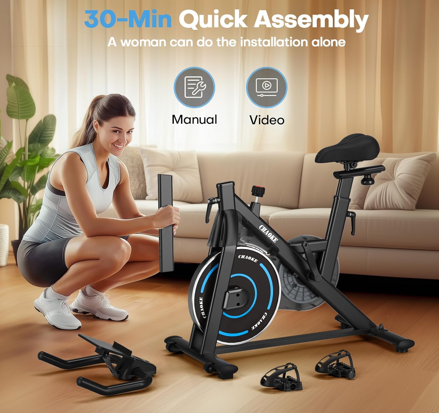 Exercise Bike, CHAOKE Quiet Magnetic Resistance 300LB Capacity Stationary Bike for Home with App Compatible, Indoor Bike with Comfortable Seat and Digital Display - Image 7