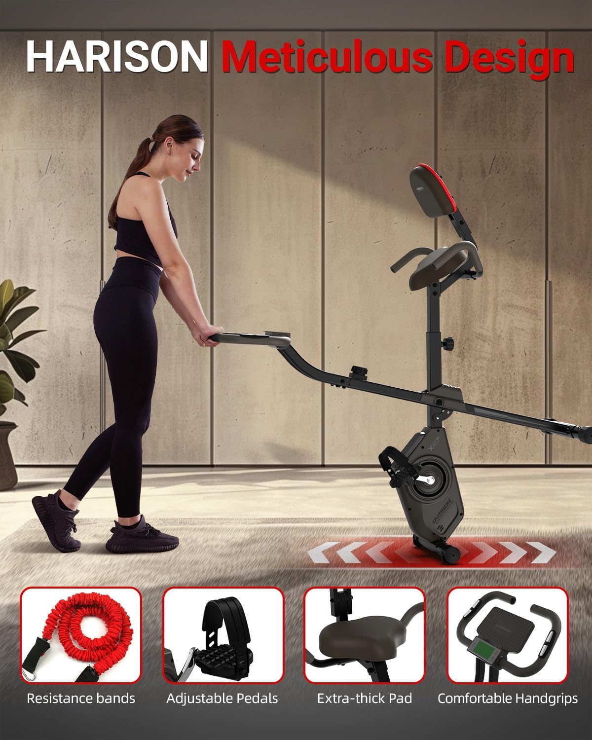 HARISON Folding Exercise Bike 350 LBS Capacity, 5 in 1 Bluetooth Stationary Bikes for Home with 16-Level Resistance and Arm Resistance Bands, Magnetic X-Bike with LCD Monitor & Back Support - Image 5