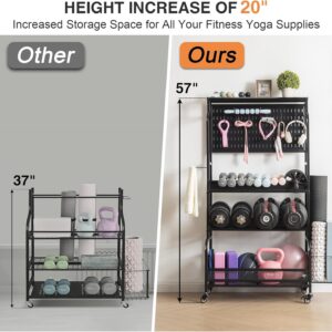 56” Taller Home Gym Storage Organizer, Yoga Mat Storage Rack with Hanging Board, Exercise Workout Equipment Storage Stand for Home Gym, Dumbbell Holder Kettlebell Rack with Wheels and Hooks