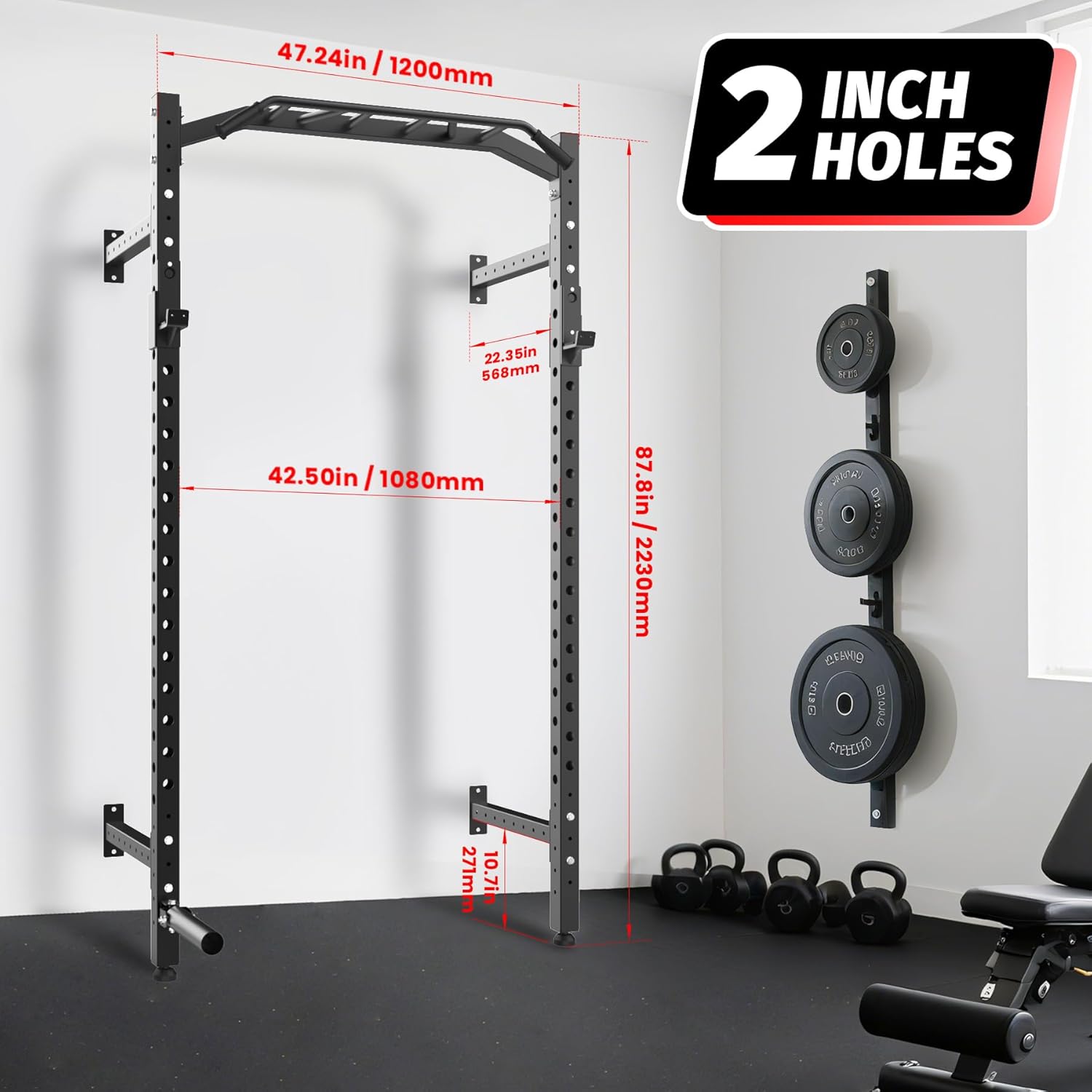 1600LB Wall Mounted Power Rack, Commercial Squat Rack for Home Gym with Multi-Grip Pull Up Bar, j-Cups & Landmine Attachment for Home and Garage Gym - Image 3