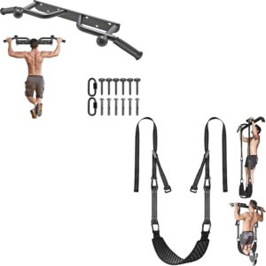 Kipika Wall Mounted Pull Up Bar & Pull Up Bands with Dip Belt – Heavy Duty Steel, Adjustable Resistance, Full Body Workout for Home Gym