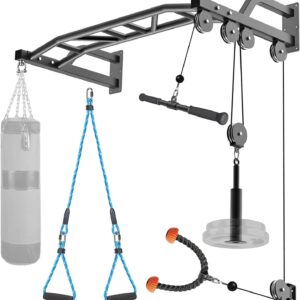 SELEWARE 48” Heavy Duty Pull Up Bar Wall Mount Multi-function Chin up Bar with Home Gym Cable Pulley System LAT Pulldown Workout Attachments Heavy Bag Hanger