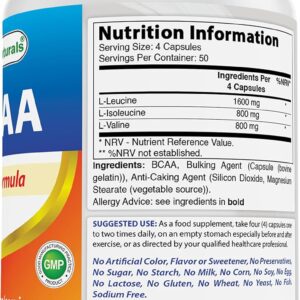 Best Naturals BCAA Branch Chain Amino Acid, 3200mg per Serving, 200 Capsules – Pharmaceutical Grade – 100% Pure Instantized Formula | Pre/Post Workout Bodybuilding Supplement | Boost Muscle Growth