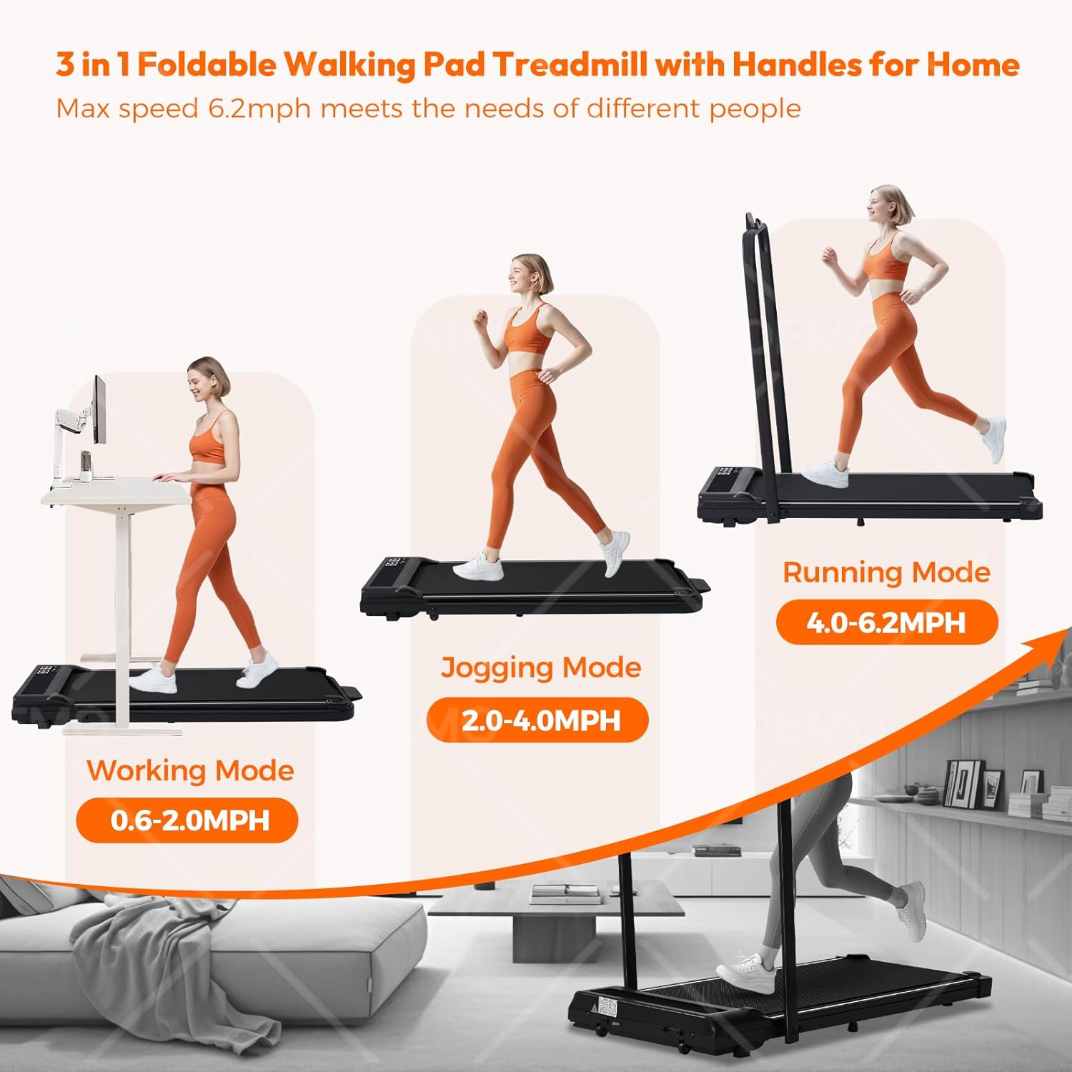 Portable Compact Treadmill with Handles for Home Small Spaces, Foldable Folding Walking Pad Treadmill with Handle Bar, 3.0HP Electric Walking Pads Treadmills Home with 320LB Capacity, LED Display - Image 2