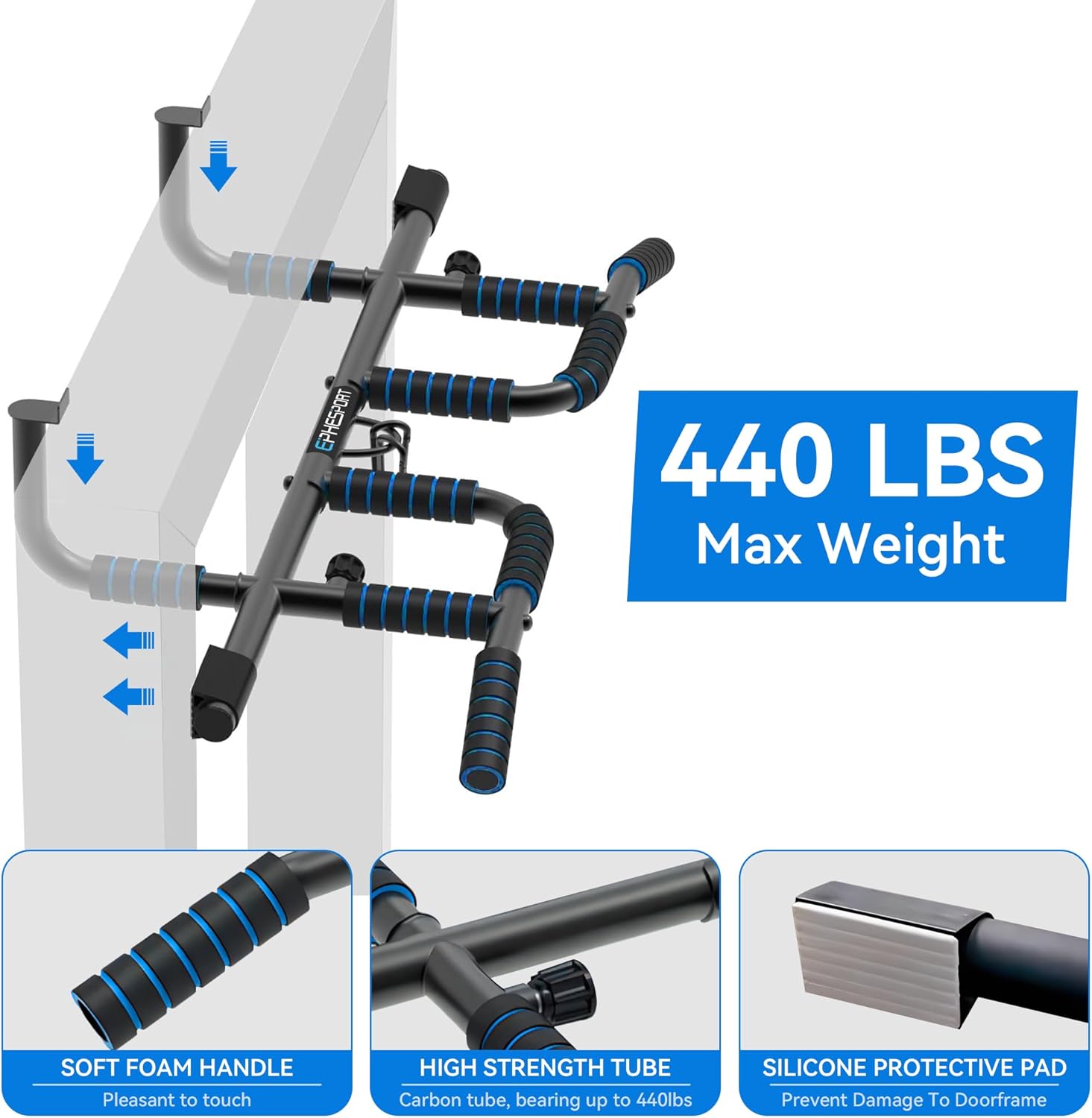 EPHESPORT New Version Pull Up Bar with Resistance Bands, No Screwing Pullup Bar for Doorway, Ergonomic Grip, USA Original Patent Design, 440 Lbs Capacity, Chin Ups Strength Training Equipment - Image 2