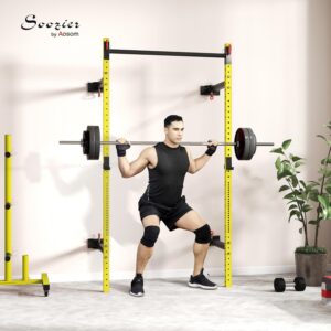 Soozier Wall Mounted Folding Squat Rack with Pull Up Bar, 1000 Pounds Capacity Power Rack, Adjustable Barbell Rack with J Hooks for Home Gym Full Body Workout, Yellow