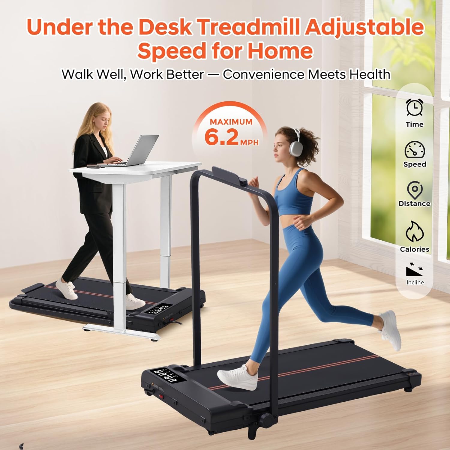Portable Walking Pad with Incline and Handle Bar, 3.0HP Electric Treadmills for Home Small, 0.6-6.2MPH Compact Walking Pads Treadmills with Handles and Incline for Small Spaces, 320LB Capacity - Image 8