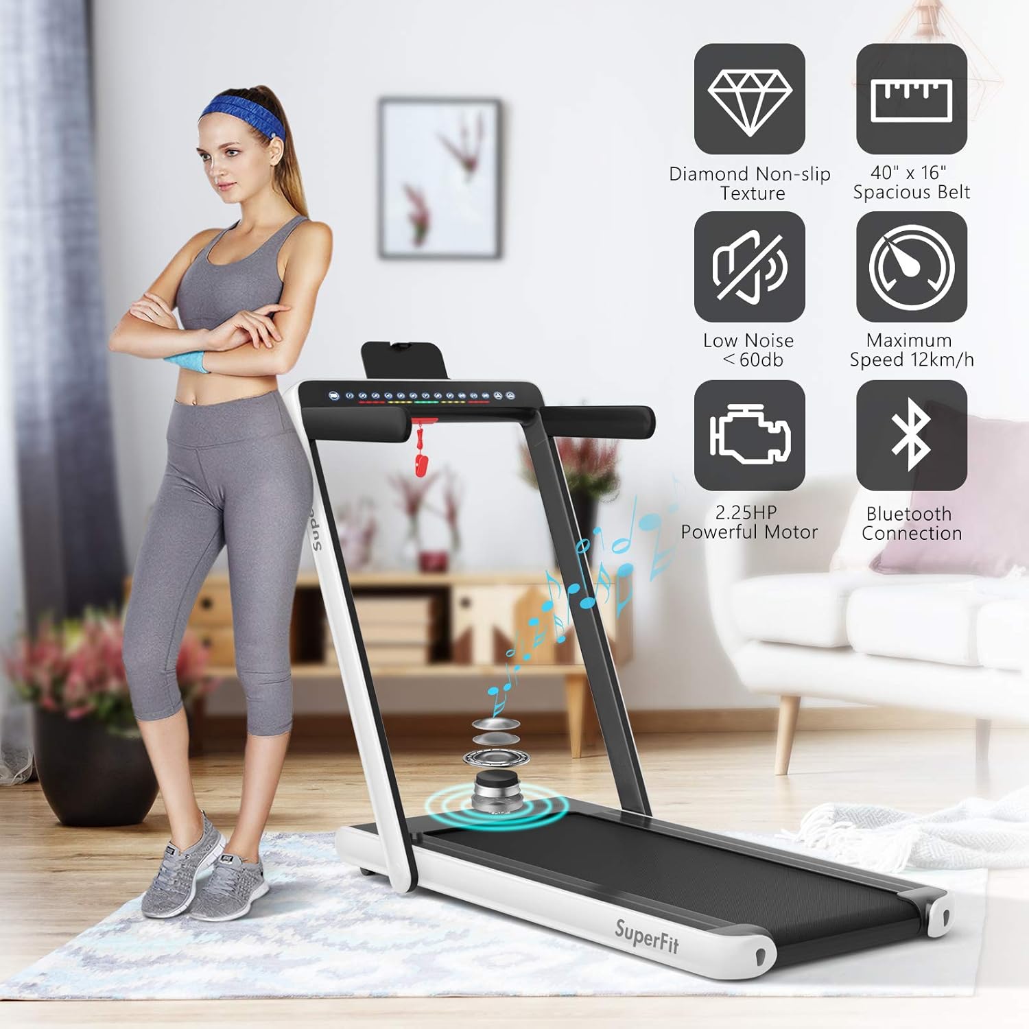 Goplus 2 in 1 Folding Treadmill with Dual Display, 2.25HP Superfit Under Desk Electric Pad Treadmill, Installation-Free, Blue Tooth Speaker, APP Control, Remote Control, Walking Jogging for Home - Image 8
