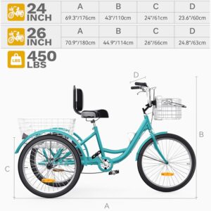 DWVO 24 26 Inch Adult Tricycle, Single Speed 7-Speed 3-Wheel Bike for Adults, Trike for Women Men with Detachable Front and Rear Baskets for Picnic Exercise Shopping