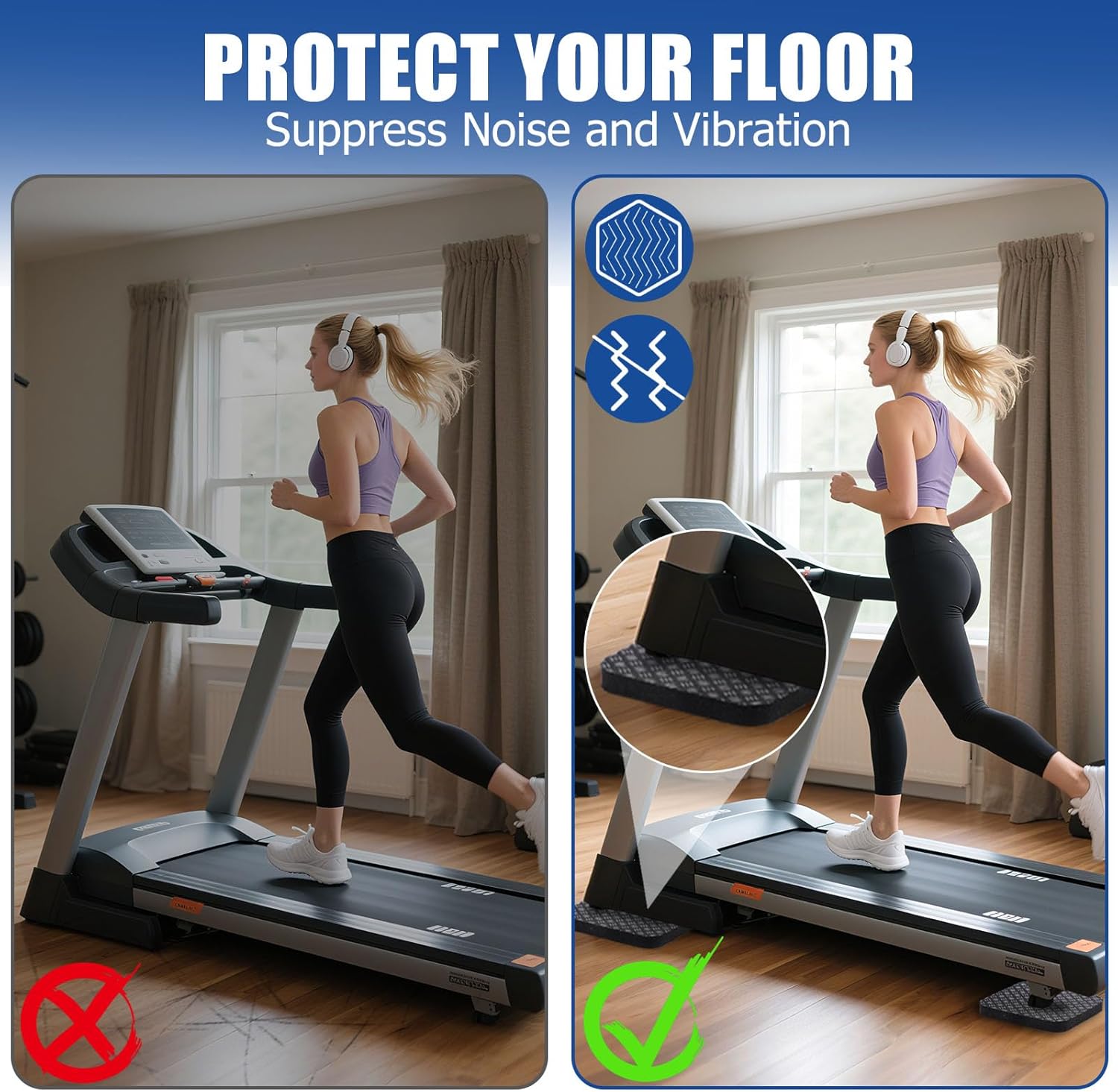 TOBWOLF 4PCS Anti-Slip Treadmill Mats, 10MM Thick High Density Walking Pad Mat, 4" X 4" Anti Vibration Walking Pad Mats, Thick Rubber Mat for Stationery Bike, Rowing Machine, Home Gym Station - Image 6