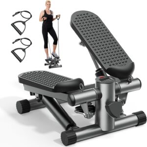 Mini Stepper with Resistance Bands, Stair Stepper for Exercise at Home, Compact Hydraulic Fitness Machine, Adjustable Step Height, Quiet Design, 300LBS Capacity, Calories, and Steps Tracking