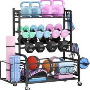 VOPEAK Dumbbell Rack, Weight Rack for Home Gym, Weight Rack for Dumbbells with Wheels and Hooks, Home Gym Storage Rack for Yoga Mat Kettlebells and Strength Training Equipment, Powder Coated Finish Steel