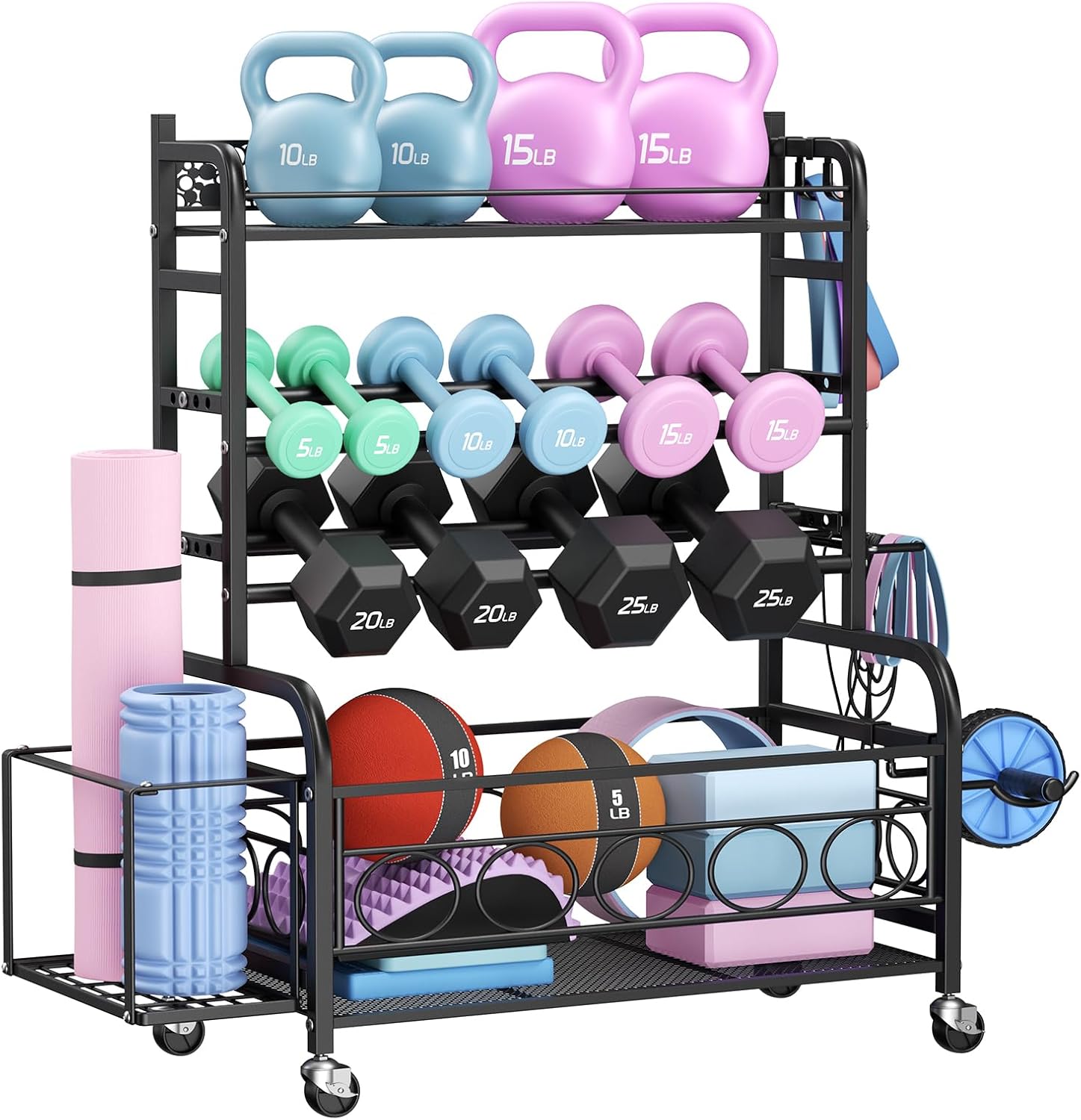 VOPEAK Dumbbell Rack, Weight Rack for Home Gym, Weight Rack for Dumbbells with Wheels and Hooks, Home Gym Storage Rack for Yoga Mat Kettlebells and Strength Training Equipment, Powder Coated Finish Steel