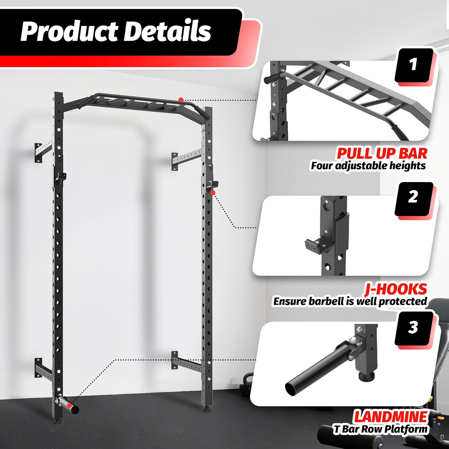 1600LB Wall Mounted Power Rack, Commercial Squat Rack for Home Gym with Multi-Grip Pull Up Bar, j-Cups & Landmine Attachment for Home and Garage Gym - Image 5