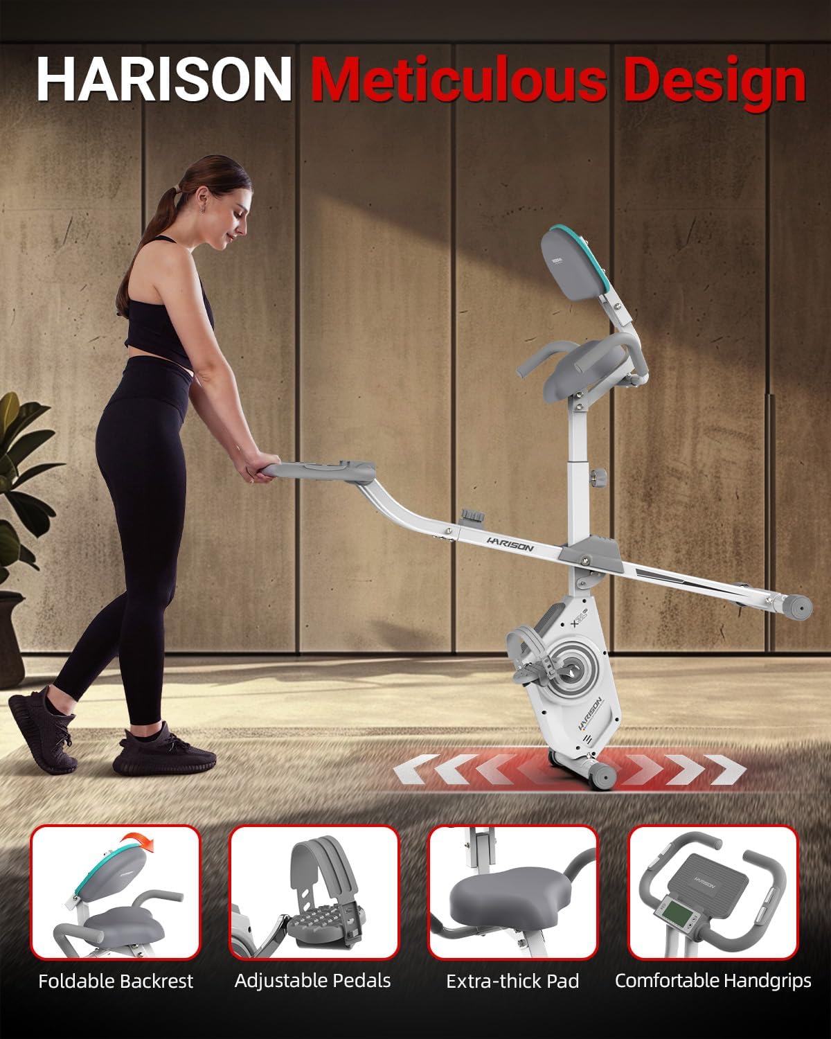 HARISON Folding Exercise Bike 350 LBS Capacity, 5 in 1 Bluetooth Stationary Bikes for Home with 16-Level Resistance and Arm Resistance Bands, Magnetic X-Bike with LCD Monitor & Back Support - Image 5