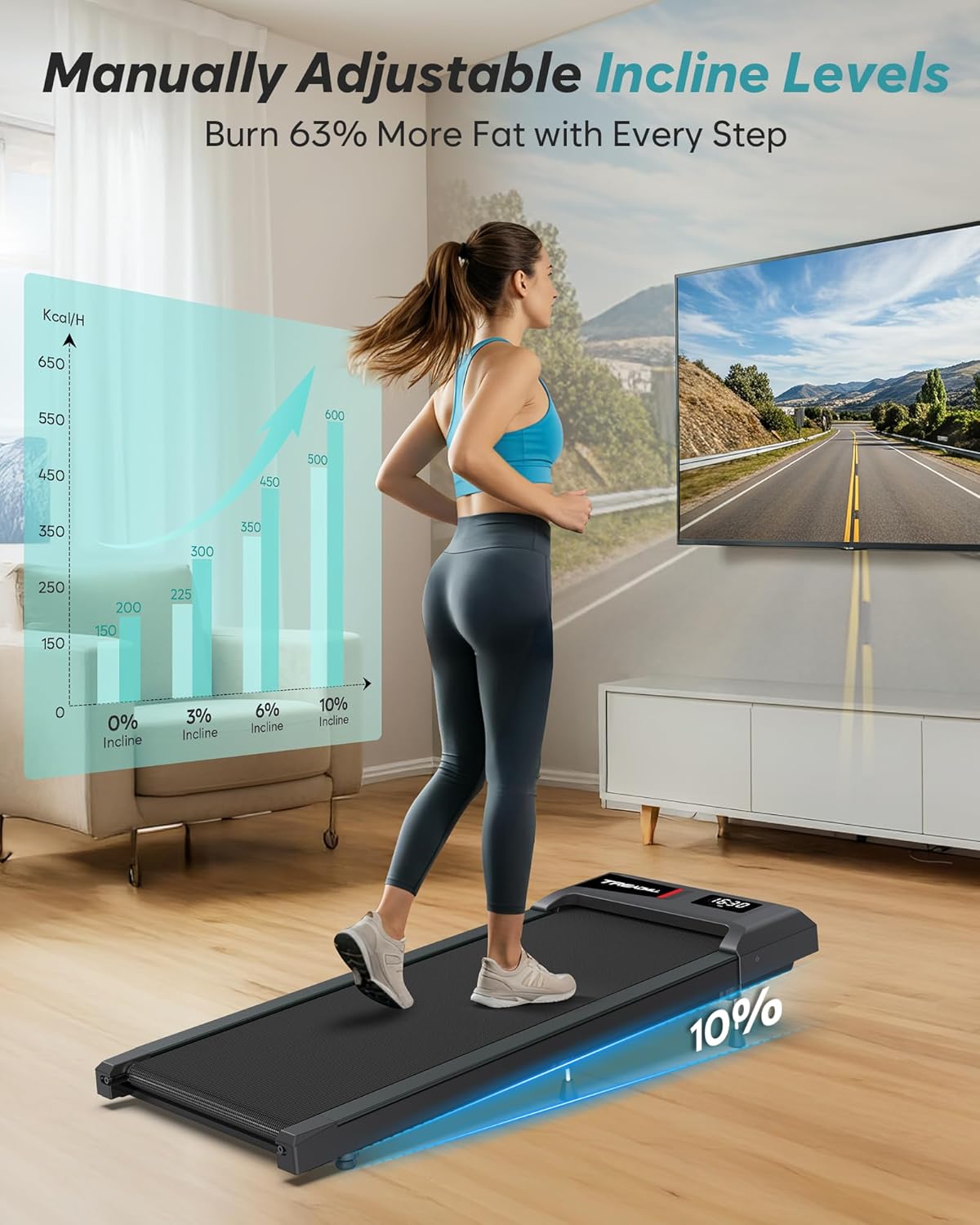 WELLFIT Auto Incline Folding Treadmill - 10% Incline Desk Walking Pad Treadmill with Handlebar, 400 lbs Heavy-Duty Capacity, Space-Saving Quiet Under-Desk Design for Home Office, Seniors & Fitness - Image 3