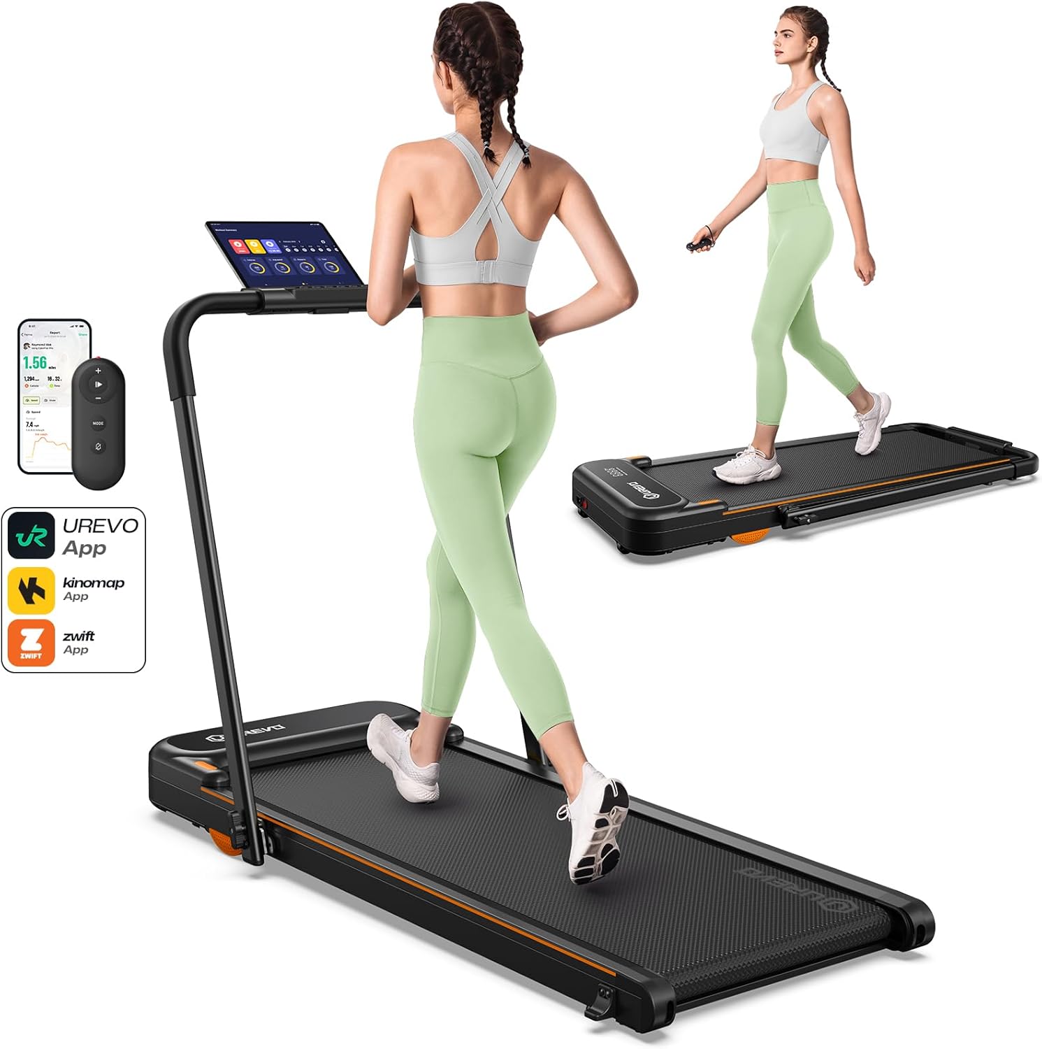 UREVO Strol 2E Smart 2-in-1 Folding Treadmill, Compact Walking Pad with Safety Handle, Plug and Play, Standing Desk Treadmill with Dual LED Display, Smart APP, Walking or Running for Home Office