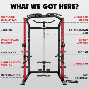 C1-V4 Power Cage, 2000LBS Squat Rack with LAT Pulldown, Multi-Function Weight Cage Strength Training Machine, Workout Cage with More Attachments for Home Gym Garage